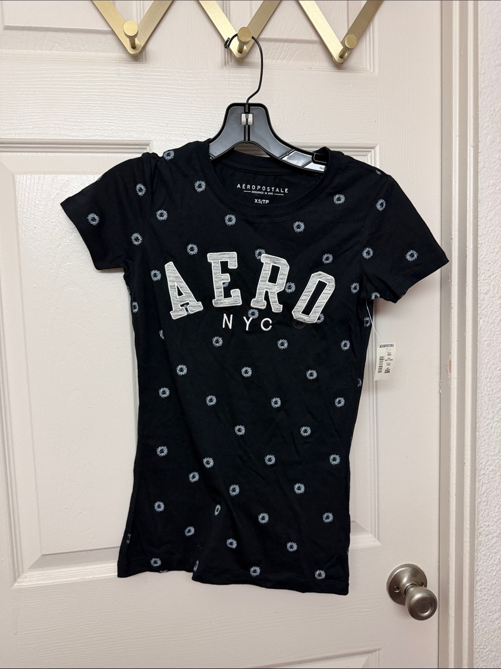 Aeropostale Black Tee with White 'AERO NYC' Logo and Dot Print